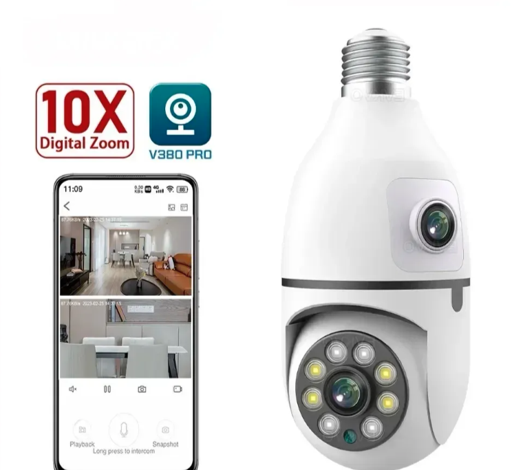 048 - WiFi IP PTZ Kamera u Sijalici sa Dve Glave 12MP – Fiksna + Rotirajuća